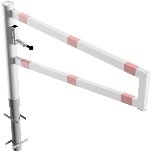 Swiveling gates | for casting in concrete, hot-dip galvanized and white coated with red reflecting stripes | total width: 1500 mm | for padlock